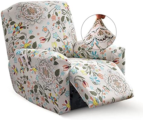 Iauddy Recliner Slipcover-Stretch Soft Slip Reclining Chair Slipcovers 4-Pieces Furniture Protector for Recliner with Pocket Fitted Sofa Couch Cover Lazy Boy Chair Cover(Beige/Leaves)