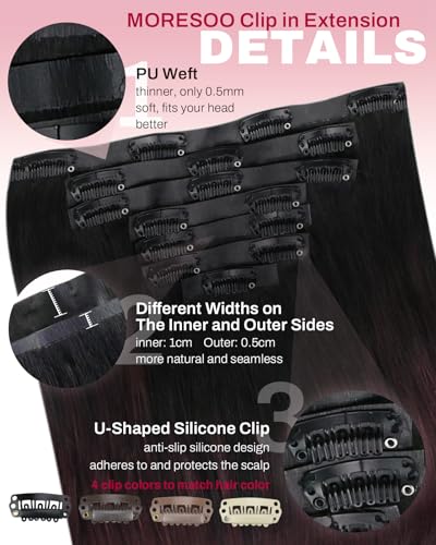 Image of Moresoo Burgundy Clip in Hair Extensions,18inch Seamless PU Skin Weft