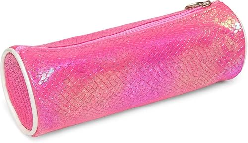 Iridescent Pink Mermaid-Scale Cylindrical Pencil Case with Zip Closure, 20 cm