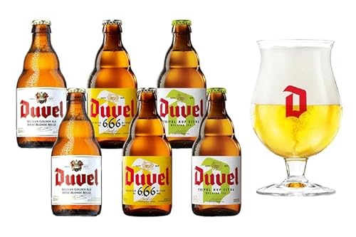HappyBeer - Duvel Bierpaket – 6 belgische Biere (2x Duvel, 2x Tripel Hop Citra, 2x Duvel 6,66) + Original Duvel Glas 330ml – Belgisches Bierpaket & Craft Beer Tasting Set