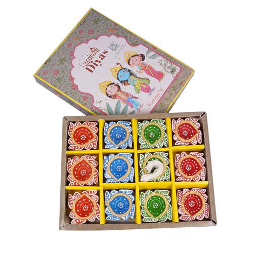 TIED-RIBBONS-12-pcs-Handmade-Clay-Diya-for-Diwali-Wax-Filled-Traditional-Homemade-Diyas-Tealight-Indian-Oil-Lamp-Diwali-Decorations-for-Home-Terracotta-Diyas-Swastik-Diya-Diwali-Gifts