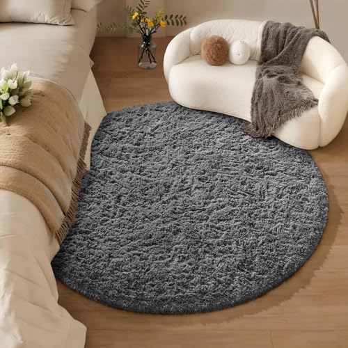 Ophanie Round Rug 4Ft Grey Circle Area Rug, Fluffy Fuzzy Bedroom Carpet, Plush Soft Shaggy Indoor Floor Gray Living Room Rugs for Kids Home Decor Aesthetic, Nursery