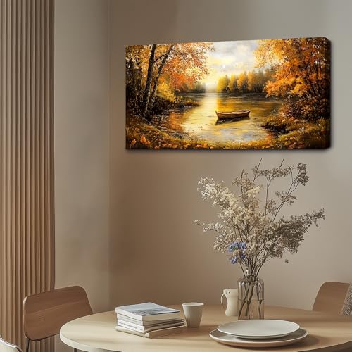 SERIMINO Fall Wall Art, Landscape Wall Art, Large Wall Decor, Lake Boat Forest Canvas Art Prints, Gold Autumn Nature Pictures, Rustic Paintings for Living Room Bedroom Dining Room Office Farmhouse 30"X60"