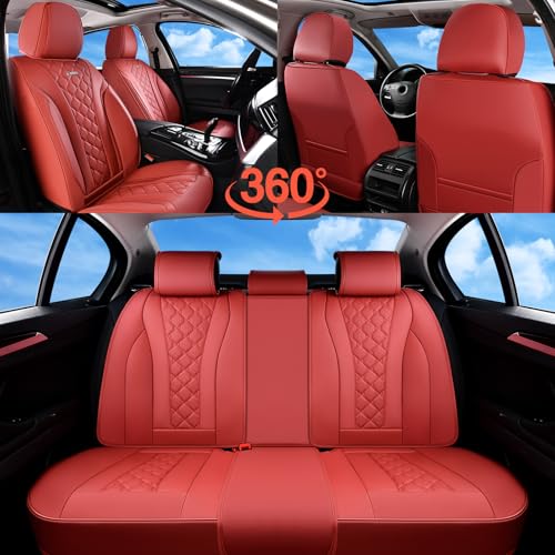 Image of Coverado Car Seat Covers Full Set, Luxury Diamond Leather Car Seat Cover, Waterproof Automotive Seat Protectors, Breathable Car Seat Cushion, Universal 5 Seats Seat Cover Fit for Most Cars, Red