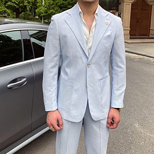 HZUOU Men's Striped Seersucker Suits 2 Piece Slim Fit Wedding Tuxedos Summer Beach Leisure Suits Sets HZH103