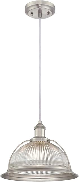 63387 One-Light Indoor Pendant, Brushed Nickel Finish with Clear Ribbed Glass