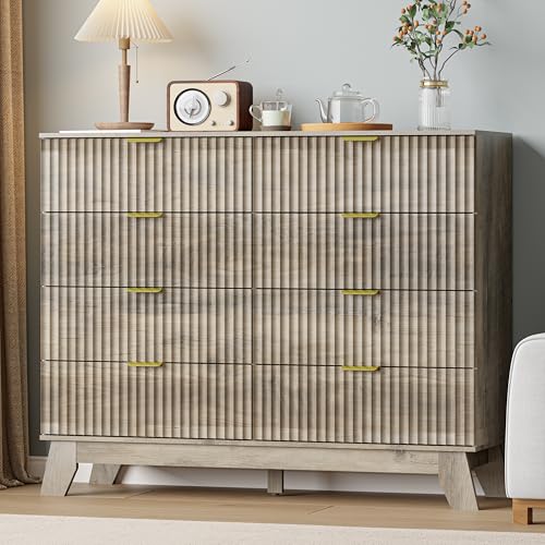Image of Grey Dresser 8 Drawer Dresser for Bedroom, 47''W Fluted Wooden Dresser Storage Cabinet and Chest of Drawers with Metal Handle, Storage Organizer for Living Room, Hallway, Entryway, Gray
