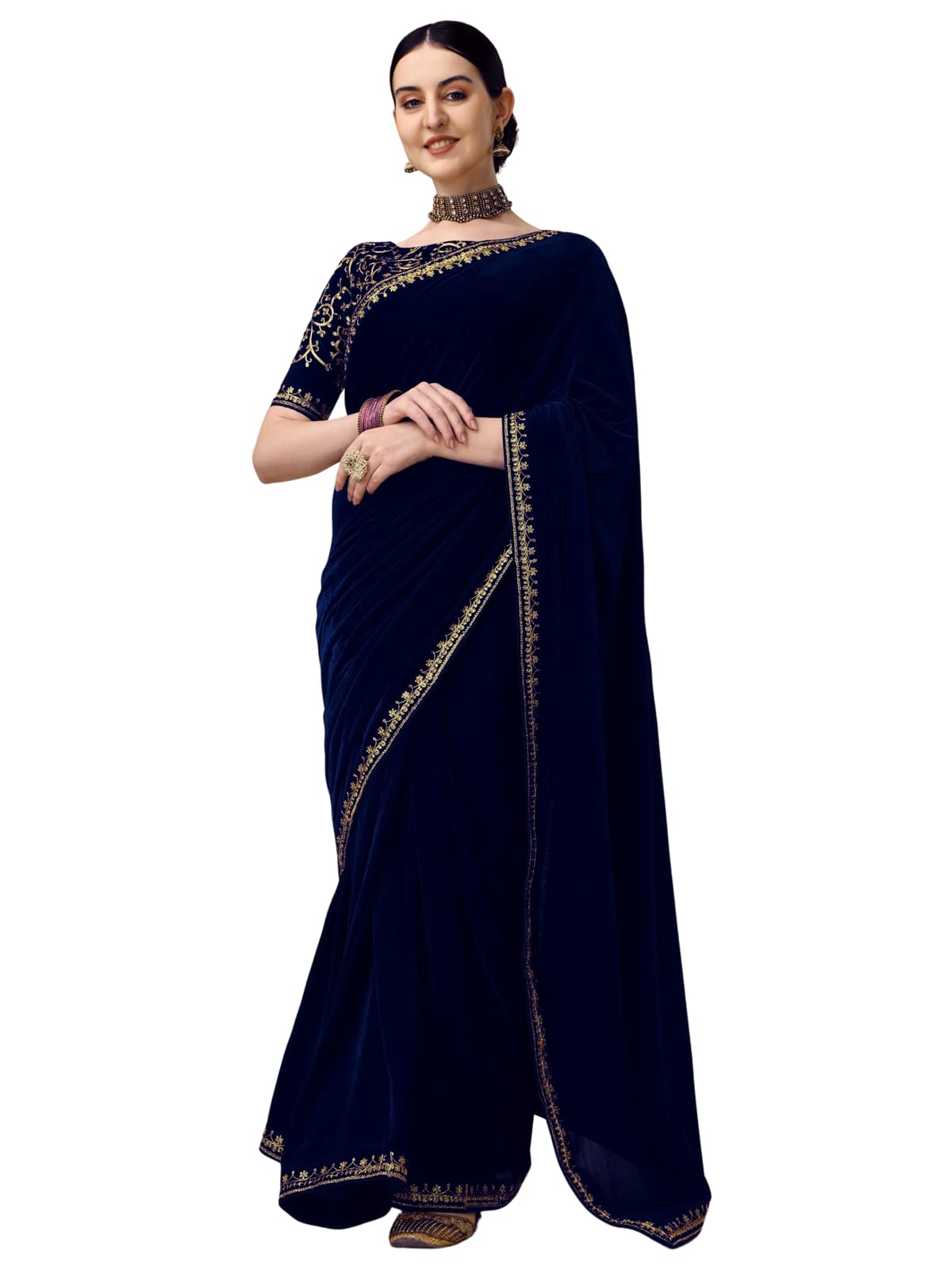 Vaidehi FashionVelvet Embroidery Lace Work Saree