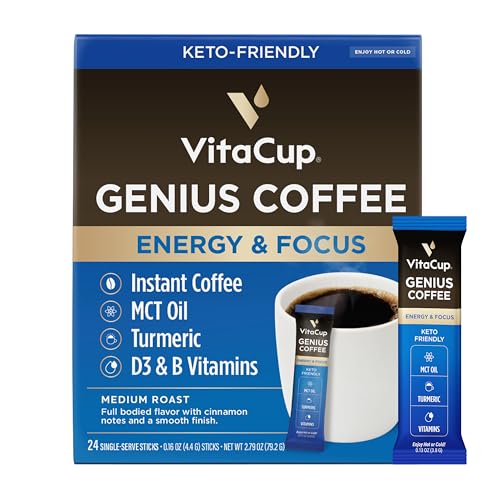 Image of VitaCup Genius Instant Coffee Packets, Increase Energy & Focus, Keto Coffee, Serve Hot or Cold Brew, MCT Oil, Turmeric, B Vitamins, D3, Bold & Smooth,100% Arabica Coffee in Single Serve Sticks, 24 Ct