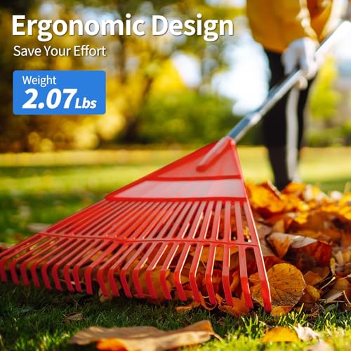 Garden Leaf Rake, 60" Garden Rakes with Foldable Lightweight Steel Handle, 22 Tines Plastic Head Shrub Rake, Folding Yard Garden Rake for Shrub, Lawns, Grass, Flower Beds Leaves Cleaning, Black & Red