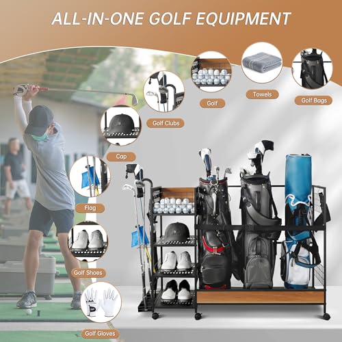 DOVAMY Golf Storage Organizer for Garage,Golf Bag Organizer,Golf Club Storage Rack Hold 3 Bags,Golf Equipment Accessories Stand with 6 Wheels, Black