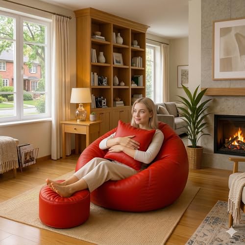 Image of IVIKA Bean Bag with Stool & Cushion | XXXXXL Size Premium Leatherette Bean Bag for Gaming, Living Room & Bedroom (5XL - Red)