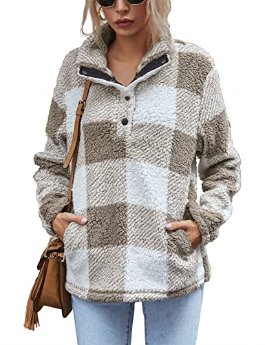 AKEWEI Women Faux Fleece Sweatshirt Fuzzy Button Pullover Coat with Pocket