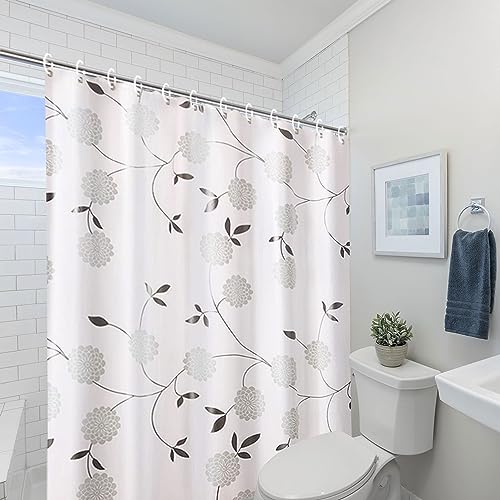 Livilan Dahlia Shower Curtain, Peva Shower Curtain Liner With 12 Hooks, 2 In 1 Peva Waterproof Shower Curtain For Bathroom Decor 71W X 71H Inches, White And Black Grey Dahlia Cornflower #TOP1
