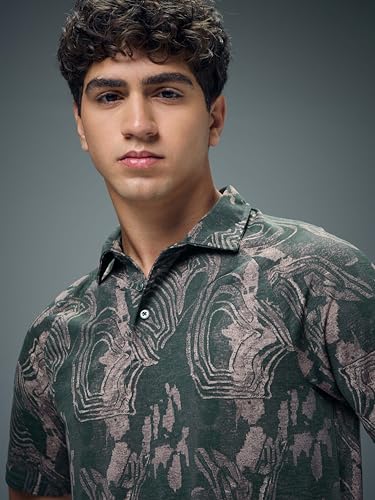 Image of TECHNOSPORT Men's Slim Fit All Over Print Polo Neck T-Shirt with Technocool+, UPF50+ for Regular Use