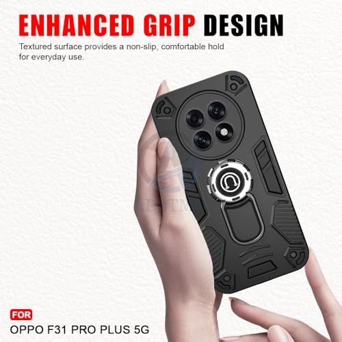 Image of AESTMO Oppo F31 Pro Plus 5G Back Case Cover | Tough Armor Bumper | Ring Holder & Kickstand in-Built | 360 Degree Protection Cover for Oppo F31 Pro Plus 5G (Black)