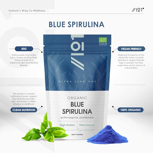 Poudre de spiruline bleue biologique 50 g – Phycocyanine 100 % naturelle pour smoothies – Colorant et ingrédient alimentaire bleu vif – Riche en protéines – Pochette refermable et recyclable par – vue 2