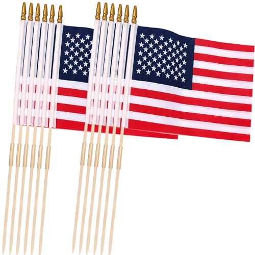12 Pcs 12x18 Inch American Flags for Outside, 250th Anniversary USA Stick Flag with Handheld and Grounded Multi-Purpose Flagpole, Memorial Day, 4th of July Decorations, Patriotic Decorations