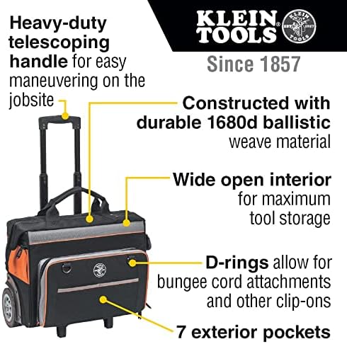 Rolling Tool Bag, Water Resistant Tool Storage Organizer Rolls on Rugged 15-cm Wheels, 24 Pockets, Load Tested to 90 kg, Klein Tools 55452RTB,Black/Orange