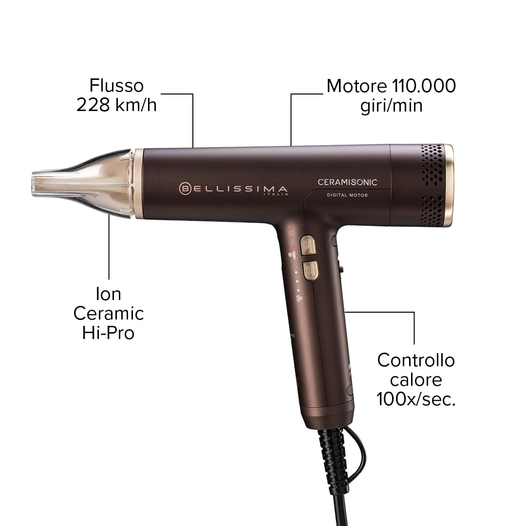 BELLISSIMA Imetec - Asciugacapelli Digitale CERAMISONIC 21014, Ion Ceramic Hi-Pro, 228 km/h, 300 g, Anticrespo, Ultra Silenzioso, Delicato sui Capelli, Cute Sensibile
