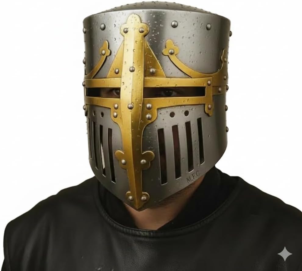 Handmade Medieval Factory Crusader Knight Helmet, Full Steel Construction, Silver with Gold Trim, Decorative Templar Design, Display Stand Included, for LARP and Cosplay Collection