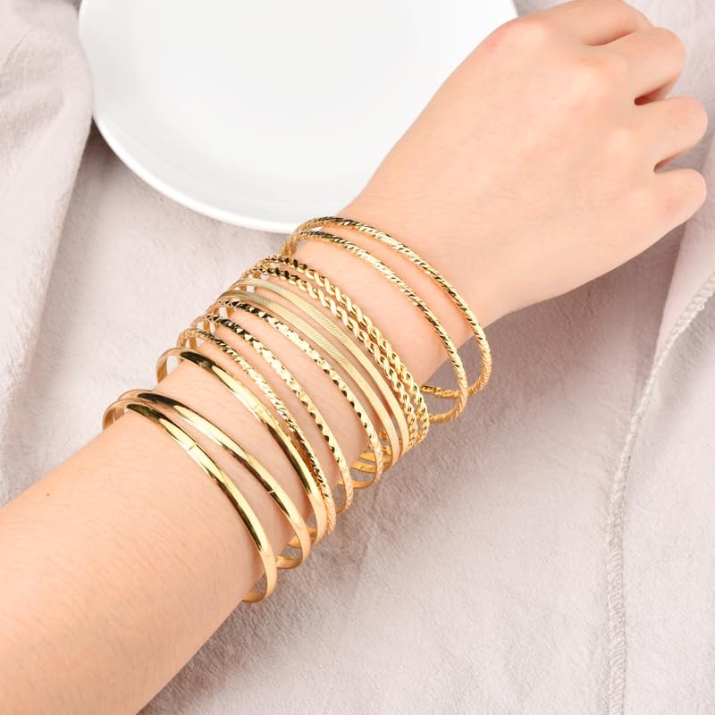 Boho Gold Bangle Bracelets for Women Bohemian Stackable Bracelets Sets for Women Round Dainty Bracelet Metal Aztec Multi Bangle Bracelets for Women Textured Bangles Bracelet Accessories Pack of 12 - Image 3