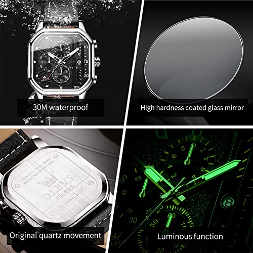 Image of OLEVS Watches for Men Quartz Chronograph Leather Fashion Dress Watch Date Waterproof Luminous Casual Square Business Wrist Watches