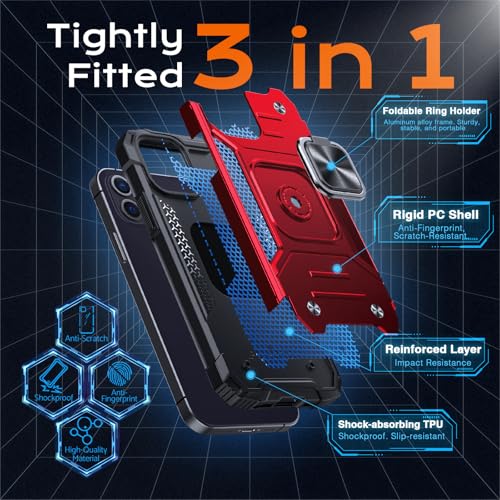 Image of Anqrp Heavy Duty Case for iPhone 12 Mini Case with Enhanced Ring Holder Grip Stand, Military Grade Shockproof Rugged Drop Protective Silicone Hard Slim iPhone 12 Mini Phone Case Cover,Corail Red