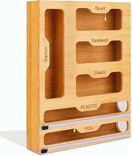 6-in-1 Ziplock Food bags storage organizer with Cutter - kitchen organizers and storage organizer, Sandwich & Snack bags, Natural Bamboo Dispenser with 4 Grid 2 Wrap Slots Plastic and Aluminum Foil paper