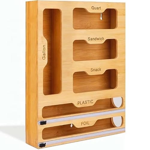 6-In-1 Ziplock Food Bags Storage Organizer With Cutter - Kitchen Organizers And Storage Organizer, Sandwich & Snack Bags, Natural Bamboo Dispenser With 4 Grid 2 Wrap Slots Plastic And Aluminum Foil Paper #TOP23