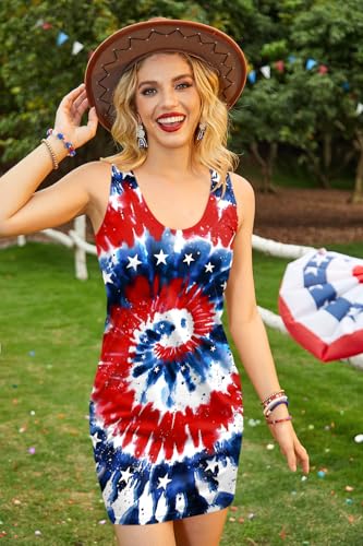 Image of For G and PL Women 4th of July American Flag Tank Dress Deep V Neck Stars Stripe Mini Patriotic Sleeveless Sundress