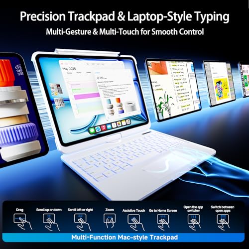 Image of Keyboard Case for iPad Pro 13 Inch M5 /M4, 2025 /2024, iPad Case with Keyboard Multi-Touch Trackpad, 360 Rotating Stand, 7-Color 3-Level Backlit, Bluetooth 5.2, Pencil Holder, White