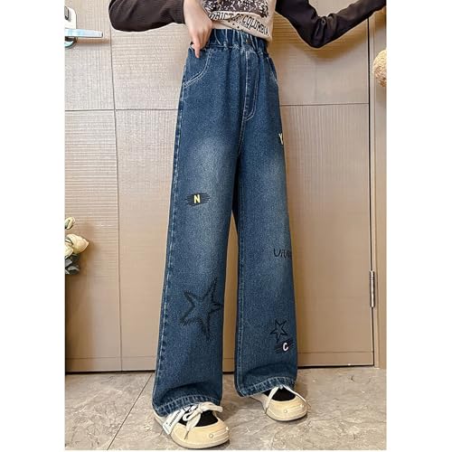 Kids Girls Baggy Jeans Floral Embroidery Elastic Wasit Wide Leg Loose fit Denim Pants Cute Casual Trousers with Pockets3