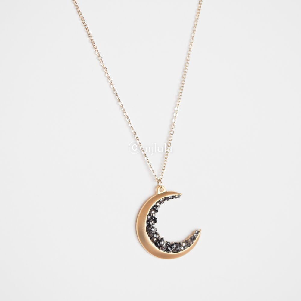 Dainty Delicate Long Layered Crescent Moon Necklace for Women - 14k Gold Plated, Minimalist Astrology Jewelry, Crescent Moon Encrusted with Black Crystal Jewels - Image 7