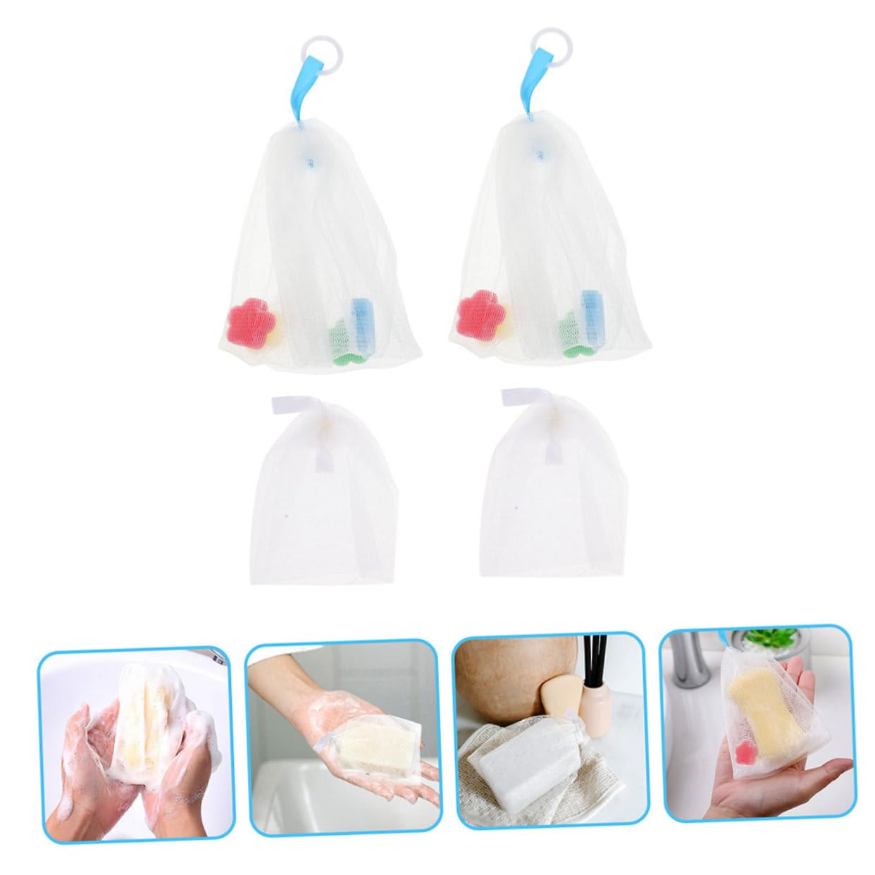 Vaguelly 4 Bolsas de Red Exfoliantes Material Pe, Creación Rápida de Burbujas para Jabón Facial Orificio para Colgar Paquete de 4 Unidades para Uso Doméstico