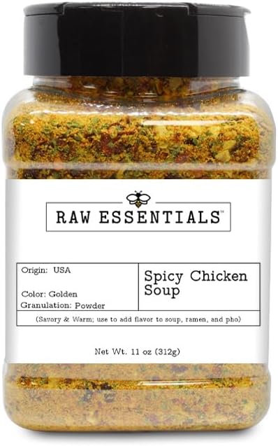 - Raw Essentials Spicy Chicken Bouillon - Soup and Ramen Seasoning Blend - Savory and Warm - Add to Flavor Broths, Ramen, and Pho - 11 Ounce Bottle