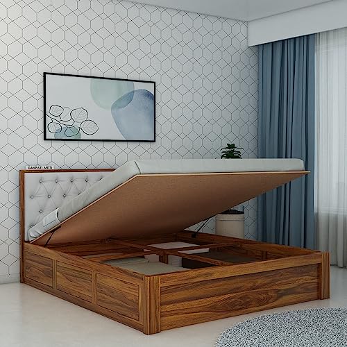 Image of Ganpati Arts Solid Sheesham Wood Decan Queen Size Bed with Hydraulic Storage and Upholstery Headboard (Natural Finish)