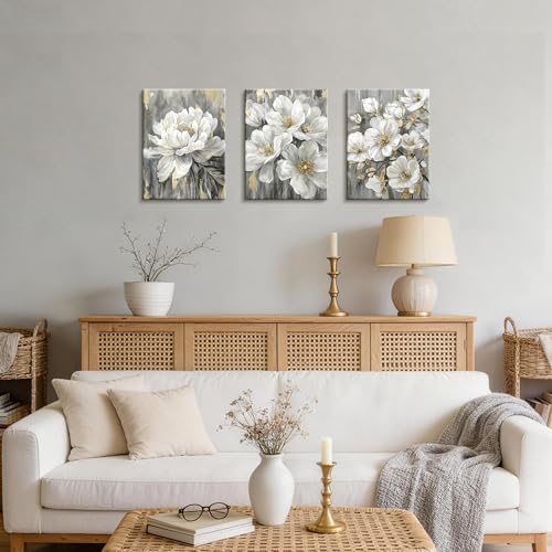 Tableau deco salon moderne triptyque fleurs vintage gris et or - 5