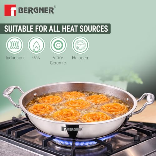 Image of Bergner Argent Samsara Triply Jalebi Pan 32cm (4L), Faster and Even Heat Distribution, Ergonomic Stay Cool Cast Handles, Healthy Cooking, Flared Rim, Easy to Clean - Full Induction and Gas Stove Ready