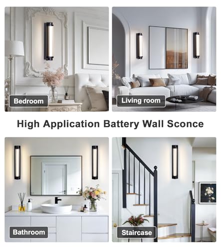 Image of Set of 2 Modern Black Detachable 15000mAh Battery Wall Sconces | 15000mAh detachable long runtime battery,remote dimmable timer,renter-friendly no hardwire light for wall art bedroom hallway