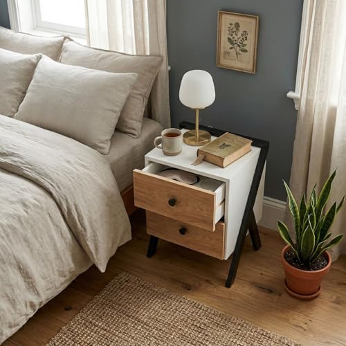 Image of FFO Modern Bedside Table with 2 Drawers | Wooden Nightstand with Metal Frame Legs | Compact Side Table for Bedroom | Storage Organizer Cabinet (60 x 35.8 x 45 cm).