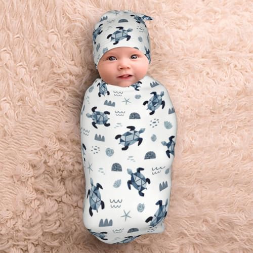 Image of Lcokin Sea Turtle Baby Stuff Swaddle Blanket Set with Beanie Hat for Boys and Girls Shower Gift