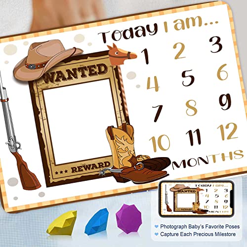 Image of Western Cowboy Monthly Milestone Blanket Hat Boots Gun Wanted Poster Theme Photography Backdrop 48x40in