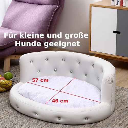 DaMi Luxus Hundebett I Premium Hundeschlafplatz mit großen Strasssteinen, Hundekissen Hundematratze Dogbed waschbar, Hundezubehör Hunde Dog Bed Bett Matratze Körbchen, 35x73x63 cm Oval Weiß