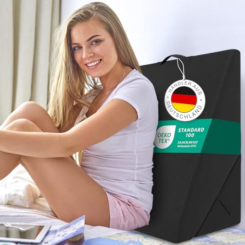 ELONEO Multifunktionales Keilkissen, Rückenkissen, Kniestütze, Beinstütze, Venenkissen für Couch und Sofa, Lesekissen, Größe W55 x H56 x L30. 5 cm, Schwarz