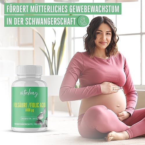 Vitabay Folsäure Tabletten Hochdosiert 1000 mcg (VItamin B9) - 240 VEGANE Tabletten - Folsäure Kinderwunsch Schwangerschaft Vitamine - für Männer - Hohe Bioverfügbarkeit - Laborgeprüft