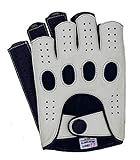 Handgefertigt Riparo Herren-Motorradhandschuhe aus Leder, umgekehrt, fingerlos, Halbfinger, Größe L, Weiß/Schwarz