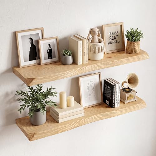 Image of 36 Inch Floating Shelves for Wall Decor, 88lbs Solid Spruce Wood Live Edge Floating Shelves, 8 inch Deep Rustic Wall Shelf for Bathroom Kitchen Bedroom Living Room, Invisible Bracket, Natural(Set of 2)