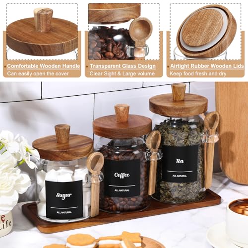 Image of Suclain 3 Pcs Glass Coffee Container Set, 13.5,20,25 oz, Acacia Brown | Coffee Tea Sugar Canister Set, Airtight Jar Food Storage with Wood Spoon Tray Labels, Kitchen Counter Bar Organization