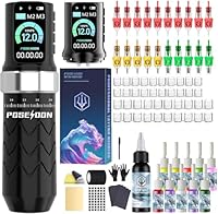 POSEIDON Kabellose Tätowiermaschine Kit mit 7 Hub-Einstellungen, zwei 2300mAh Akkus, Normal-/Punktier-Modus & LED-Display - Professionelles drahtloses Tätowiergerät für Anfänger (HM145)